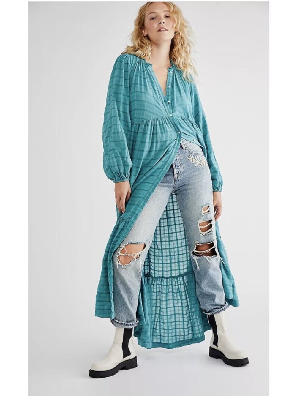 Free People Edie plaid maxi tiered dress in turquoise